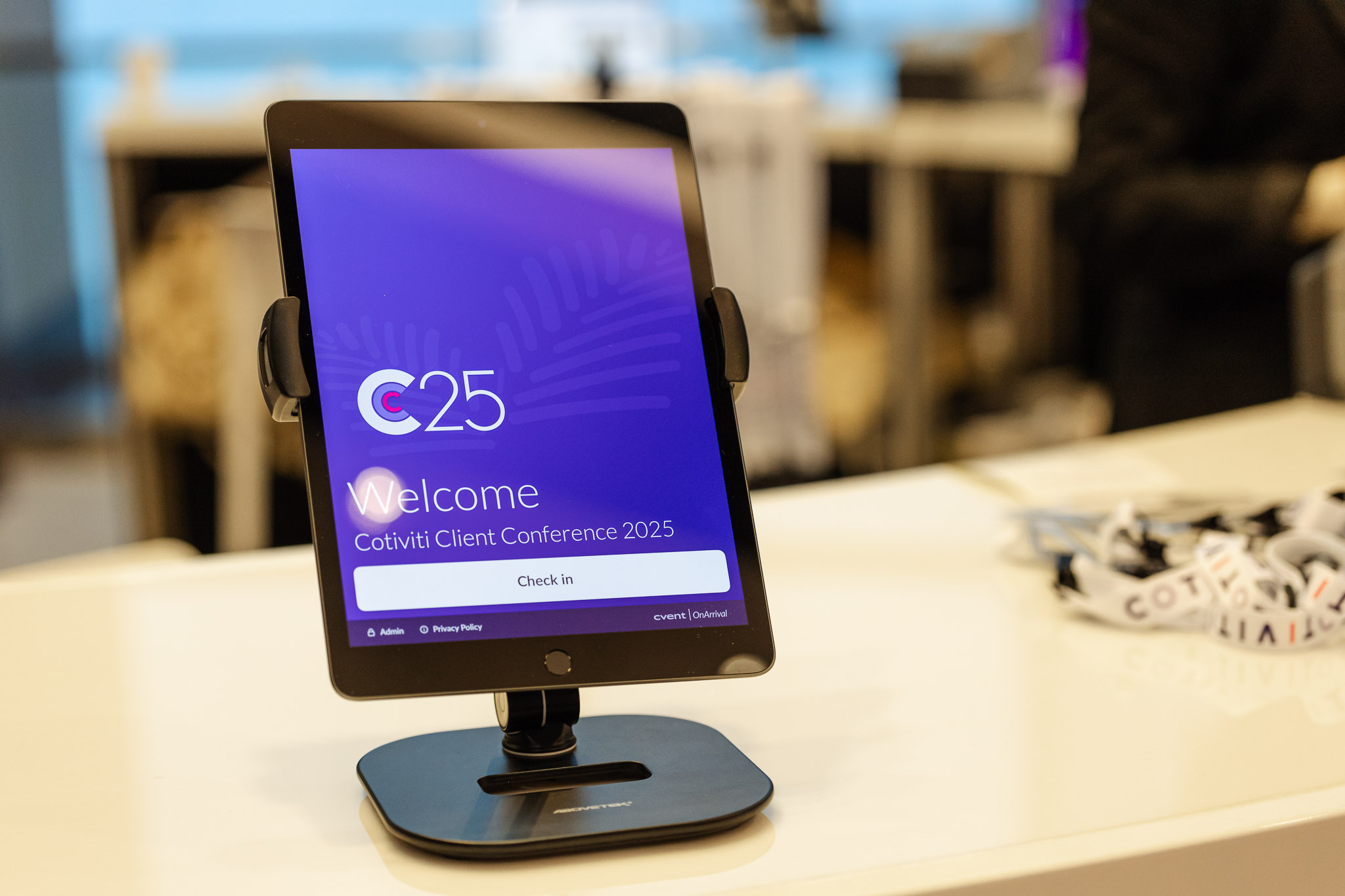 A Branded Corporate Event Check-in tablet for Cotiviti's CCC25 Event in Brickell, Miami, Florida.